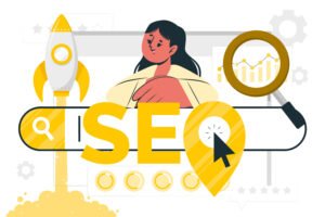 Woman analyzing digital SEO strategy with growth charts, rocket icon, and magnifying glass highlighting search engine performance