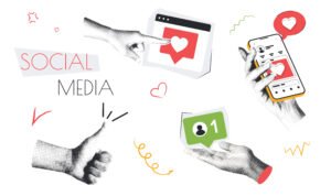 Visual representation of social media management with icons and user interactions, symbolizing strategy, engagement, and brand presence