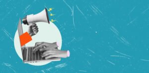 Creative marketing visuals including blog posts, infographics, and video snippets representing multi-format content distribution
