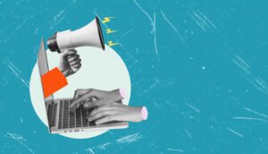 Creative marketing visuals including blog posts, infographics, and video snippets representing multi-format content distribution